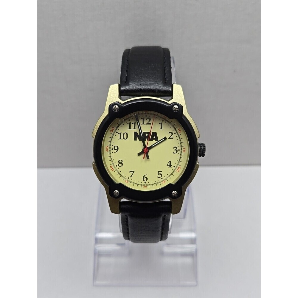 NRA Europa Quartz Watch Black Bezel Gold Tone Case Leather Band Mens New Battery